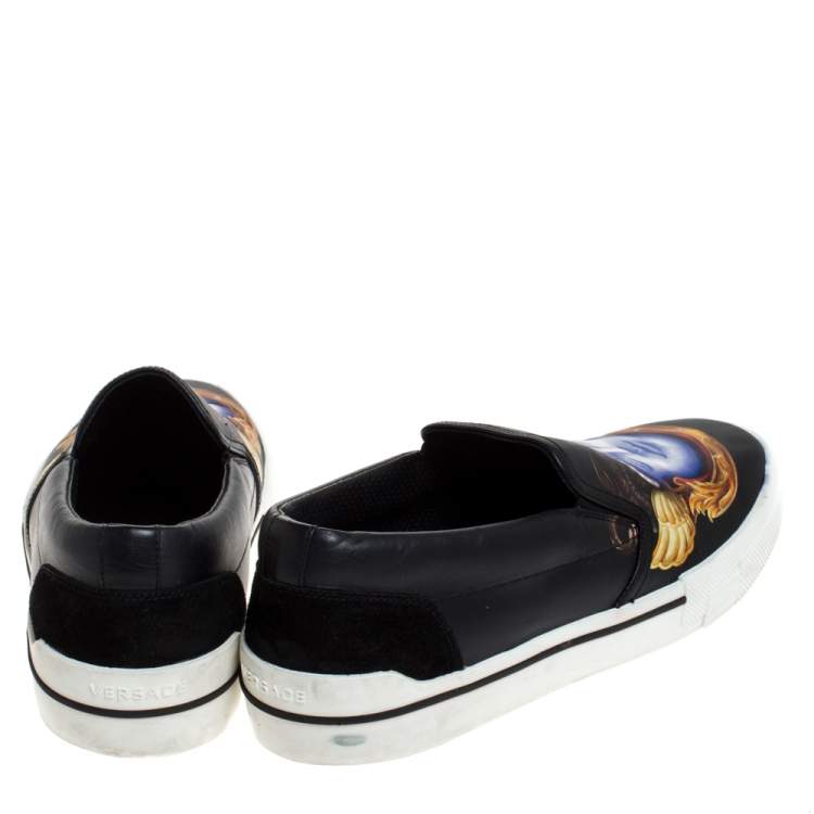 Pre Owned Versace Black Medusa Print Leather Slip On Sneakers Size 43