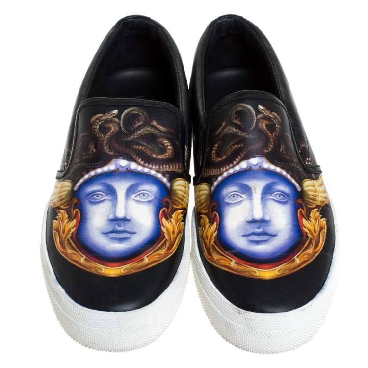 Pre Owned Versace Black Medusa Print Leather Slip On Sneakers Size 43