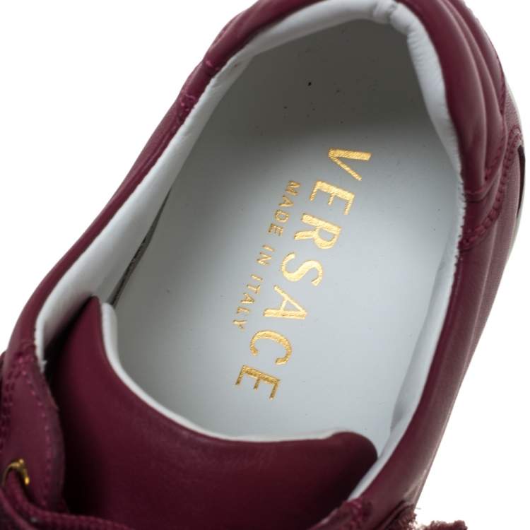 Pre Owned Versace Dark Pink Leather Medusa Strap Lace Up Low Top Sneakers Size 43
