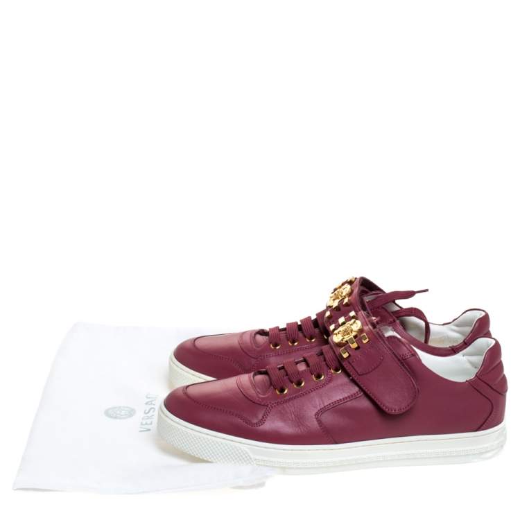 Pre Owned Versace Dark Pink Leather Medusa Strap Lace Up Low Top Sneakers Size 43