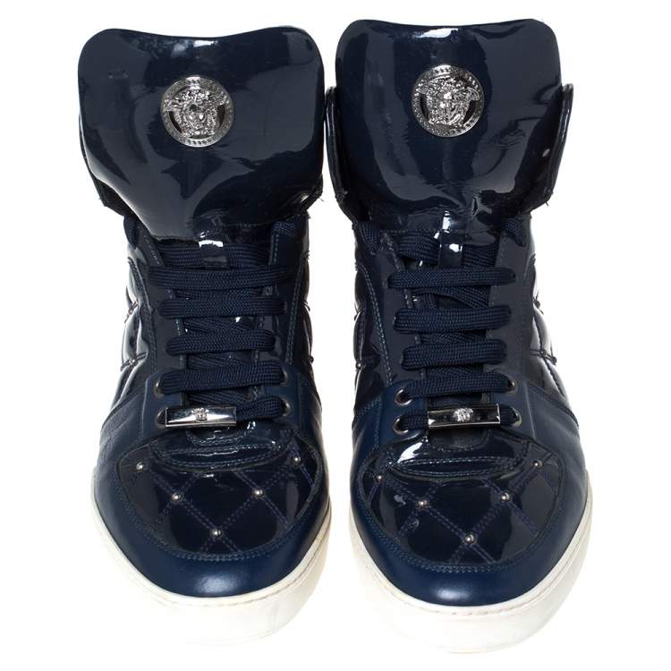 Pre Owned Versace Blue Patent Leather Medusa Studded High Top Sneakers Size 41.5 