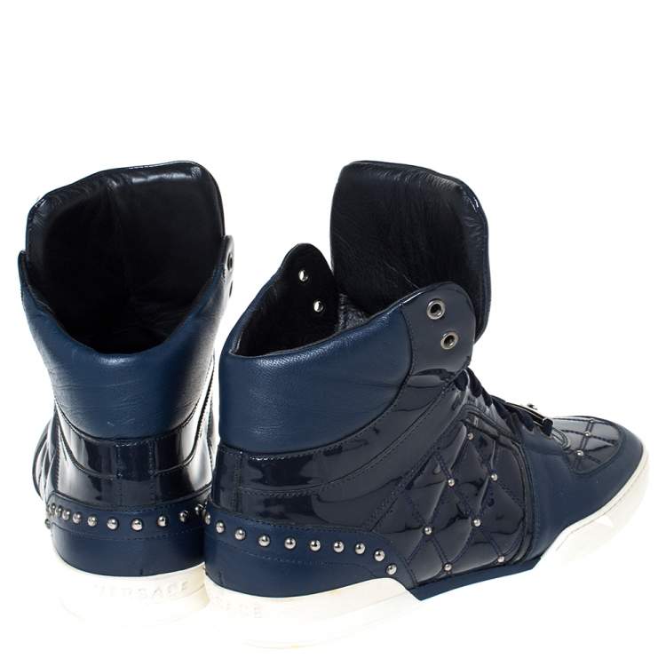 Pre Owned Versace Blue Patent Leather Medusa Studded High Top Sneakers Size 41.5 