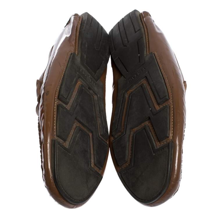 Pre Owned Versace Brown Woven Leather Slip On Loafers Size 41