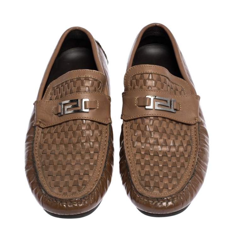 Pre Owned Versace Brown Woven Leather Slip On Loafers Size 41
