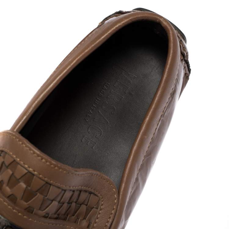 Pre Owned Versace Brown Woven Leather Slip On Loafers Size 41