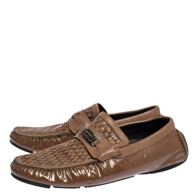 Pre Owned Versace Brown Woven Leather Slip On Loafers Size 41