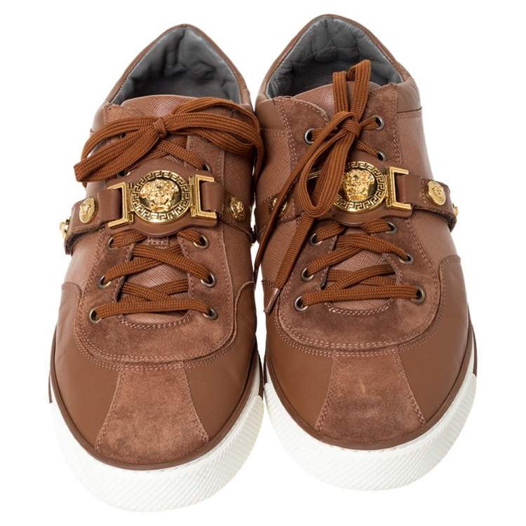Pre Owned Versace Brown Suede Leather Medusa Low Top Sneakers Size 44