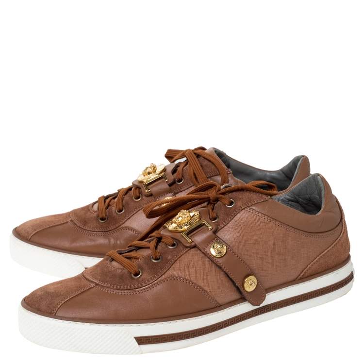 Pre Owned Versace Brown Suede Leather Medusa Low Top Sneakers Size 44