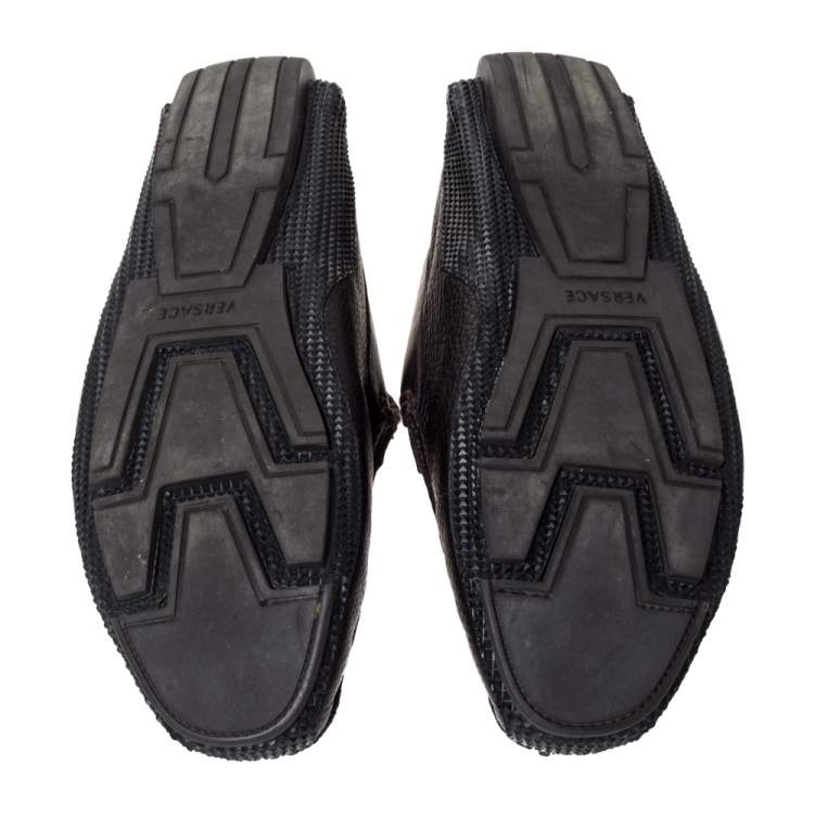 Pre Owned Versace Black Leather Buckle Detail Slip On Loafers Size 43