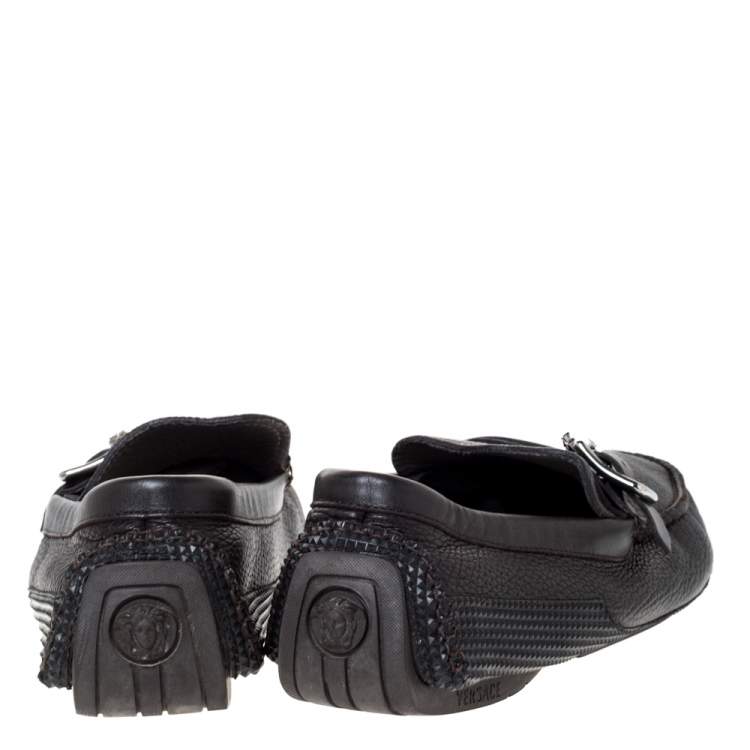 Pre Owned Versace Black Leather Buckle Detail Slip On Loafers Size 43