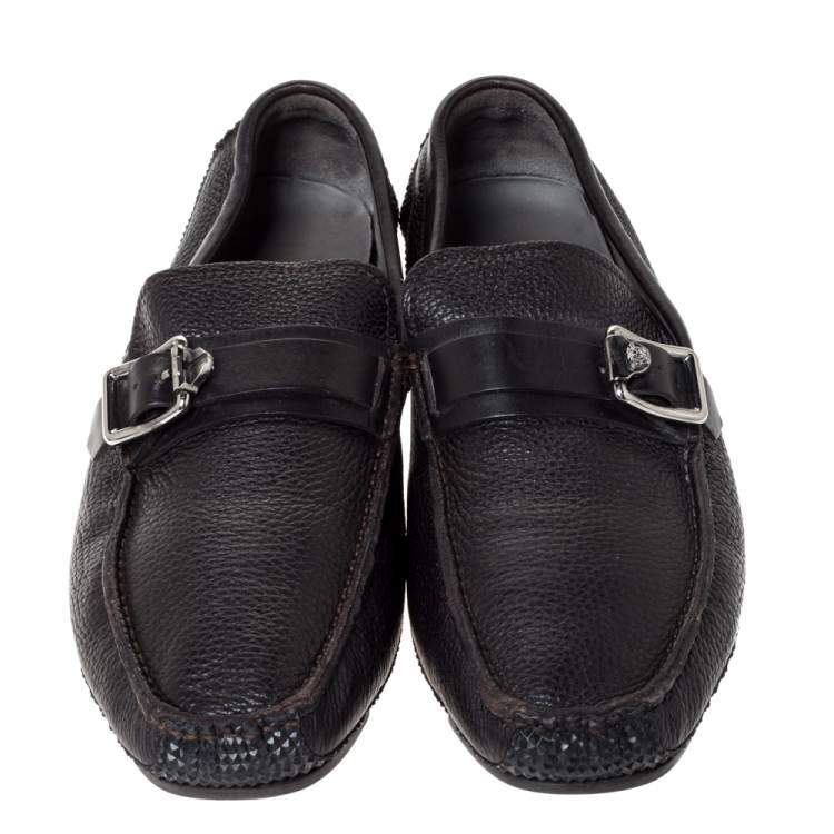 Pre Owned Versace Black Leather Buckle Detail Slip On Loafers Size 43