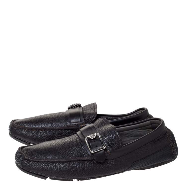 Pre Owned Versace Black Leather Buckle Detail Slip On Loafers Size 43