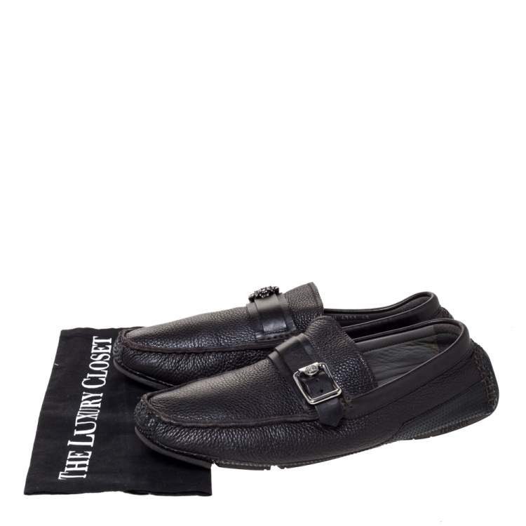 Pre Owned Versace Black Leather Buckle Detail Slip On Loafers Size 43