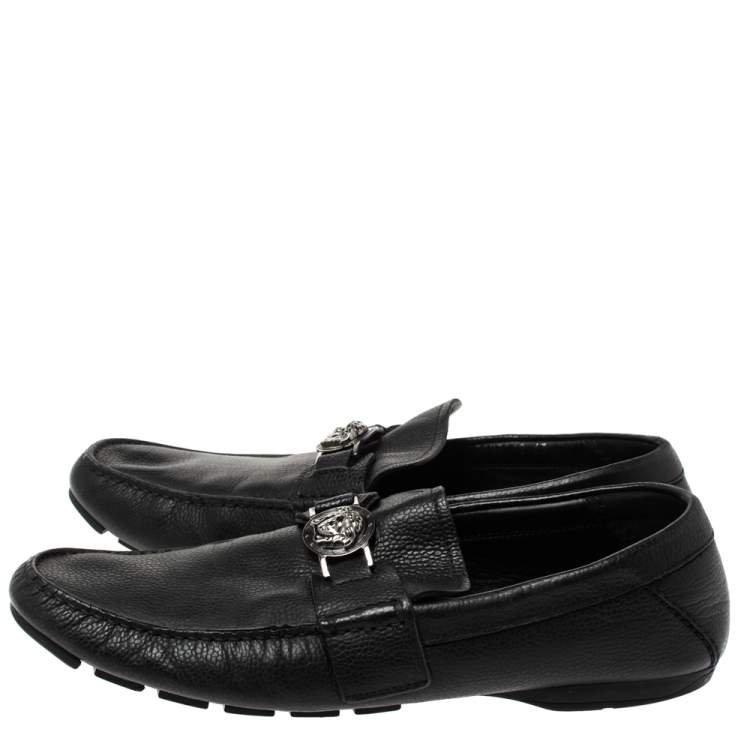 Pre Owned Versace Black Leather Medusa Detail Slip On Loafers Size 43