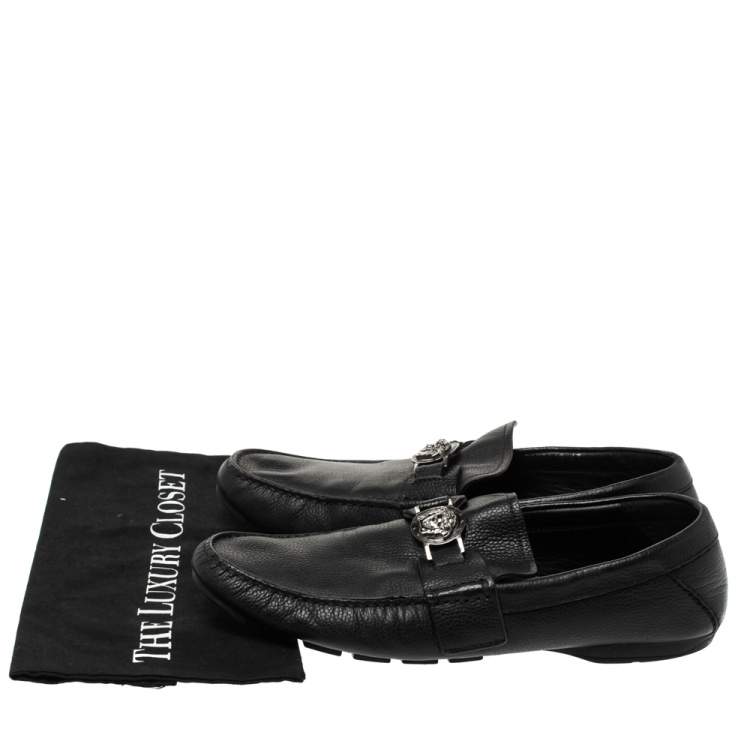 Pre Owned Versace Black Leather Medusa Detail Slip On Loafers Size 43