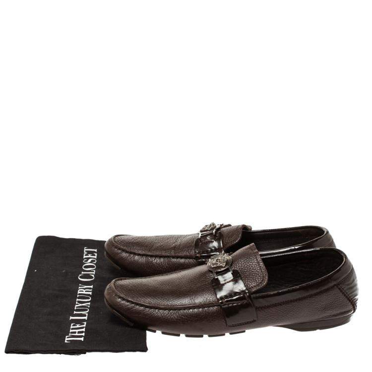 Pre Owned Versace Dark Brown Leather And Patent Trim Medusa Detail Slip On Loafers Size 43