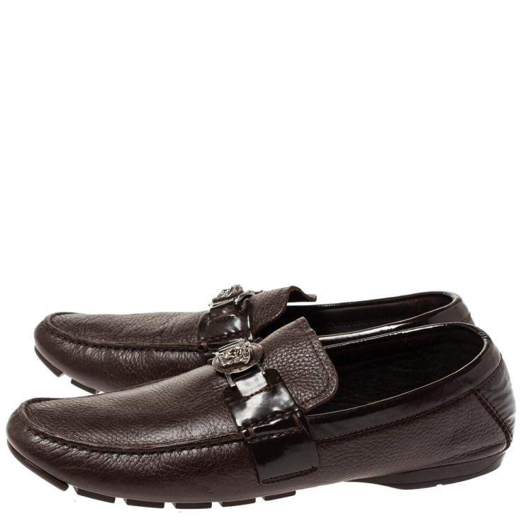 Pre Owned Versace Dark Brown Leather And Patent Trim Medusa Detail Slip On Loafers Size 43