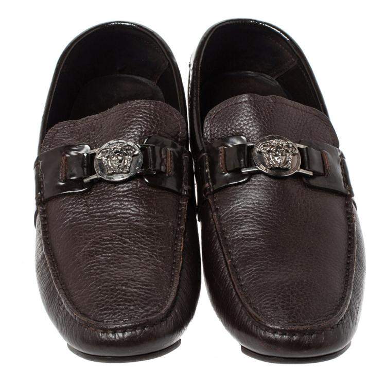 Pre Owned Versace Dark Brown Leather And Patent Trim Medusa Detail Slip On Loafers Size 43