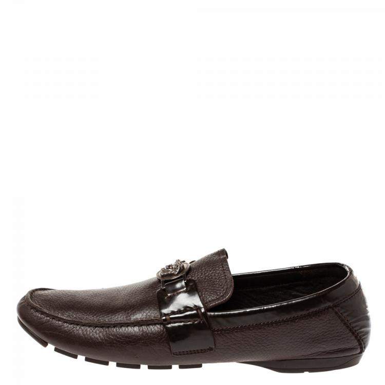 Pre Owned Versace Dark Brown Leather And Patent Trim Medusa Detail Slip On Loafers Size 43