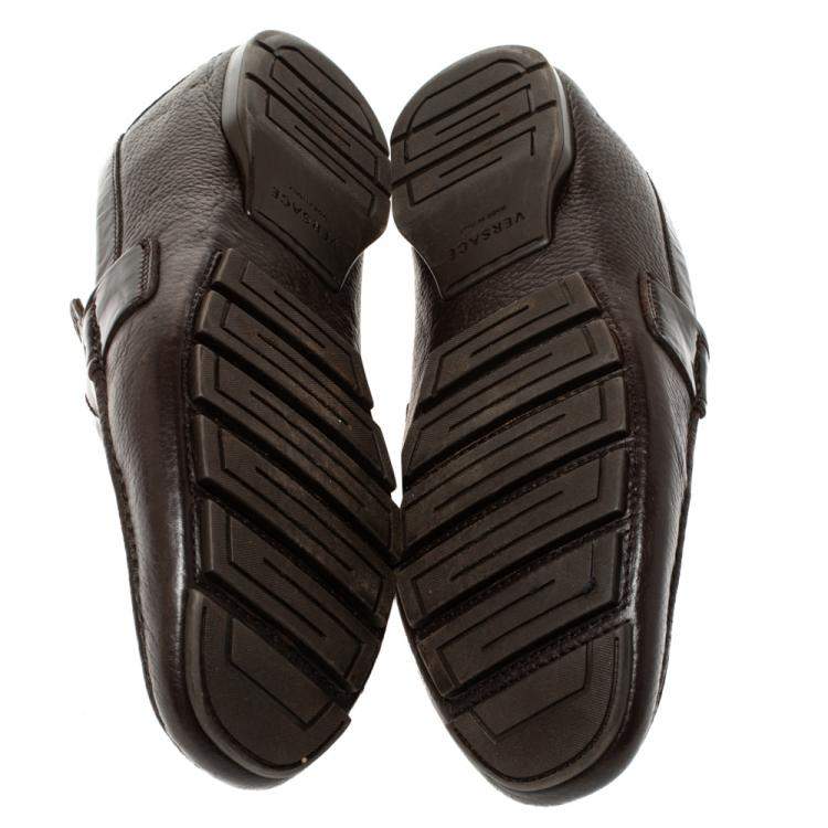 Pre Owned Versace Dark Brown Leather And Patent Trim Medusa Detail Slip On Loafers Size 43