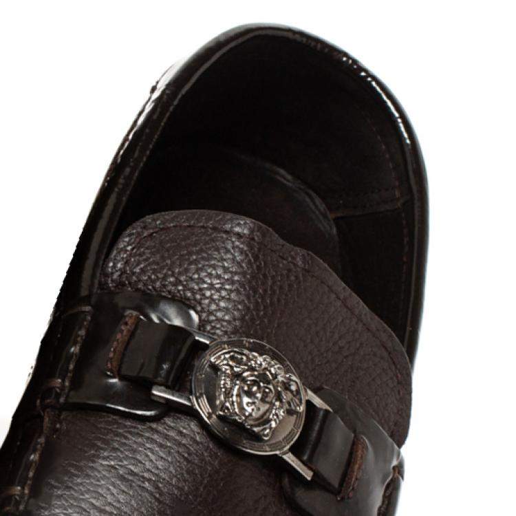 Pre Owned Versace Dark Brown Leather And Patent Trim Medusa Detail Slip On Loafers Size 43