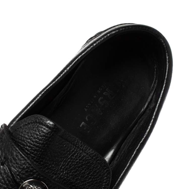 Pre Owned Versace Black Leather Medusa Detail Slip On Loafers Size 42