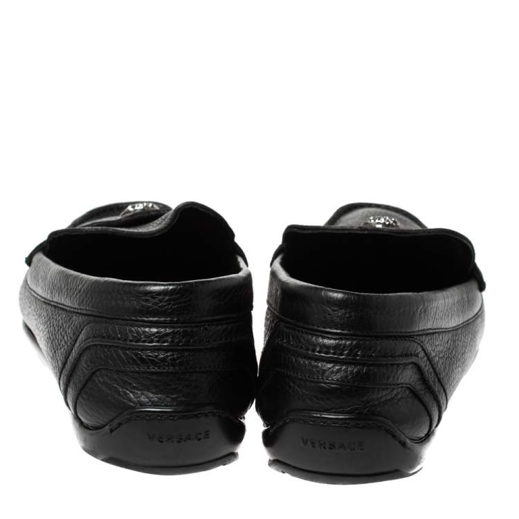 Pre Owned Versace Black Leather Medusa Detail Slip On Loafers Size 42