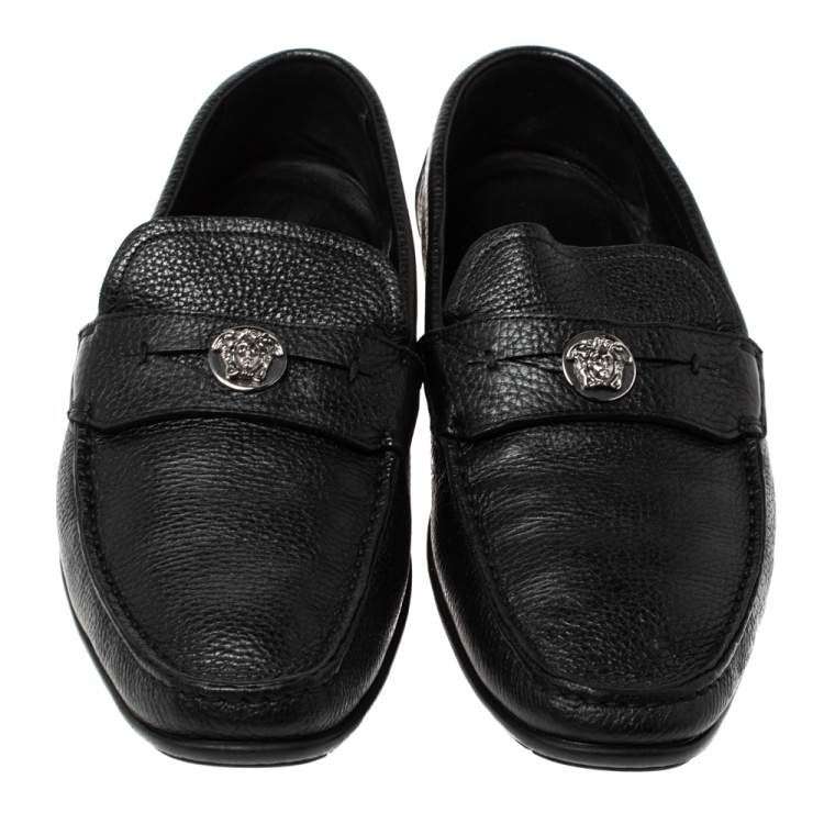 Pre Owned Versace Black Leather Medusa Detail Slip On Loafers Size 42