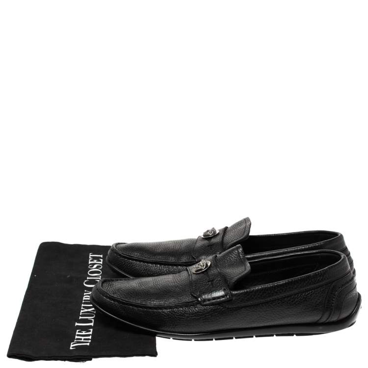 Pre Owned Versace Black Leather Medusa Detail Slip On Loafers Size 42