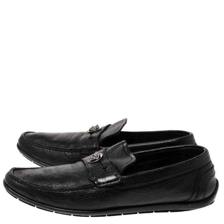 Pre Owned Versace Black Leather Medusa Detail Slip On Loafers Size 42