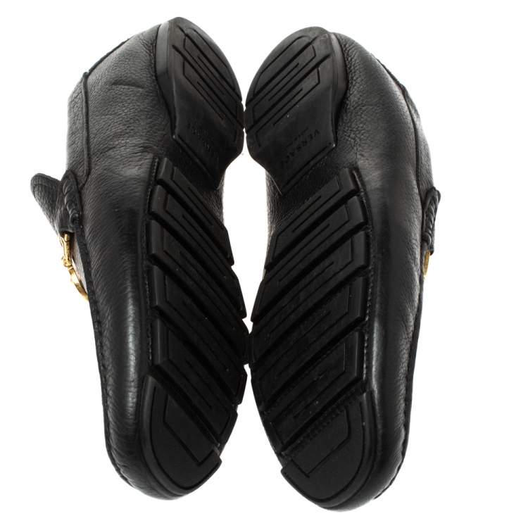 Pre Owned Versace Black Leather Medusa Detail Slip On Loafers Size 43