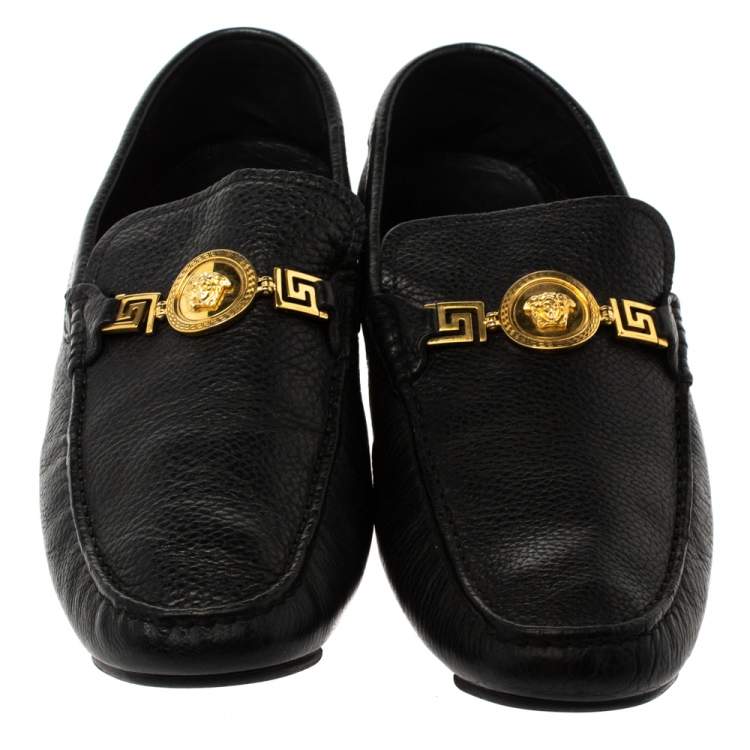 Pre Owned Versace Black Leather Medusa Detail Slip On Loafers Size 43