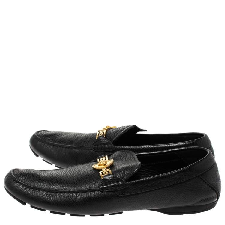 Pre Owned Versace Black Leather Medusa Detail Slip On Loafers Size 43