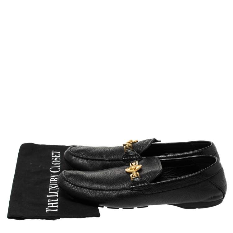 Pre Owned Versace Black Leather Medusa Detail Slip On Loafers Size 43