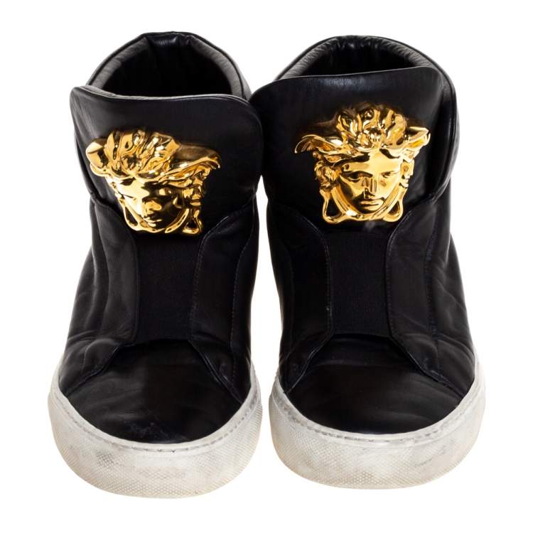 Pre Owned Versace Black Leather Palazzo Medusa High Top Sneakers Size 40