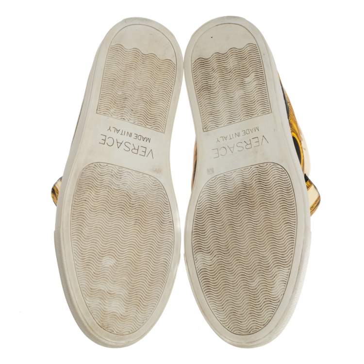 Pre Owned Versace Cream Tigris Print Leather Palazzo Medusa High Top Sneakers Size 38
