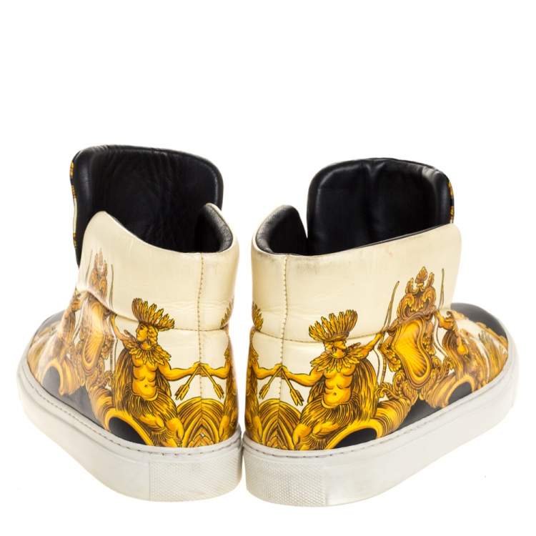 Pre Owned Versace Cream Tigris Print Leather Palazzo Medusa High Top Sneakers Size 38
