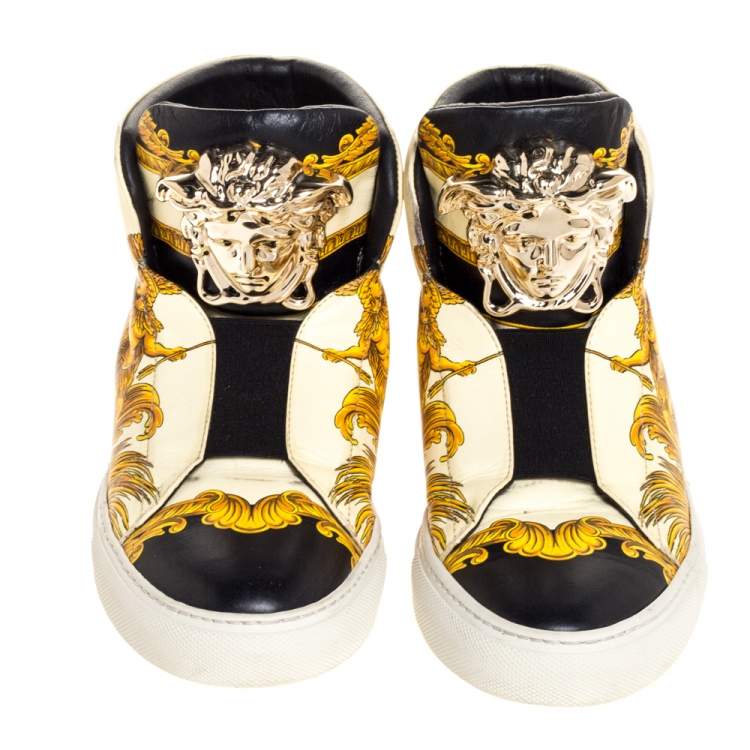 Pre Owned Versace Cream Tigris Print Leather Palazzo Medusa High Top Sneakers Size 38