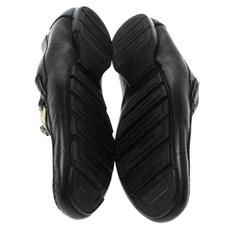 Pre Owned Versace Black Leather Meander Pattern Medusa Loafers Size 43 