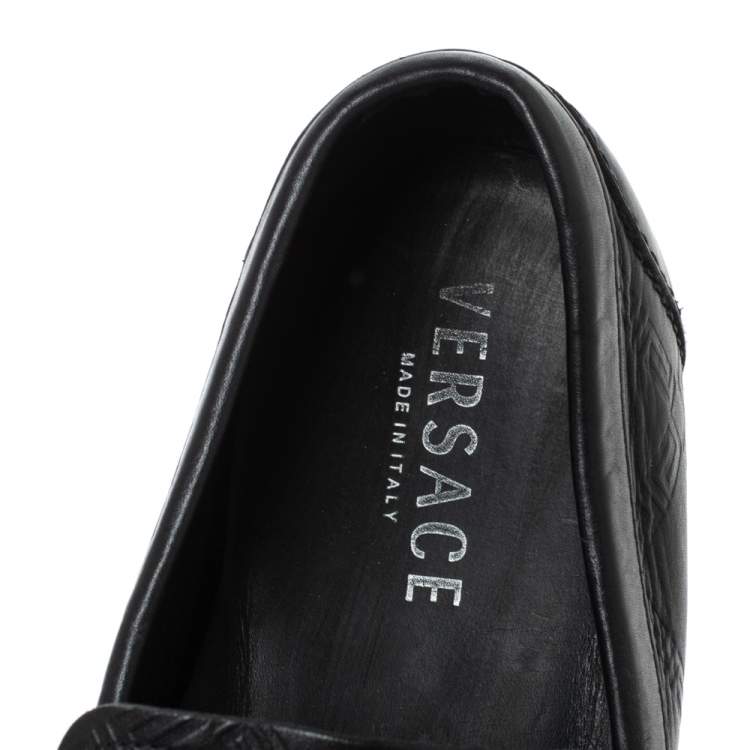 Pre Owned Versace Black Leather Meander Pattern Medusa Loafers Size 43 