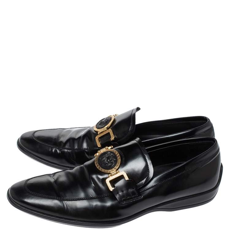 Pre Owned Versace Black Leather Medusa Slip On Loafers Size 43