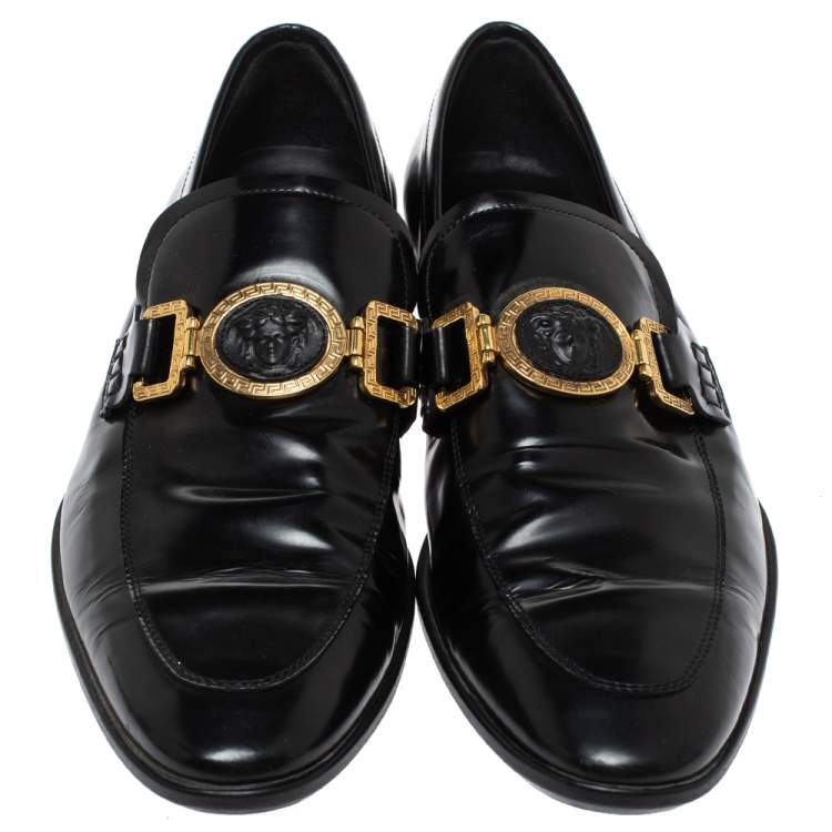Pre Owned Versace Black Leather Medusa Slip On Loafers Size 43