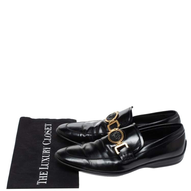 Pre Owned Versace Black Leather Medusa Slip On Loafers Size 43