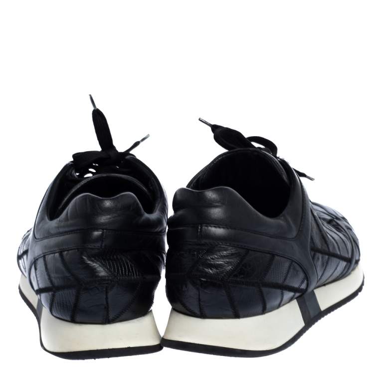 Pre Owned Versace Black Lizard, Ostrich And Croc Medusa Logo Low Top Sneakers Size 44