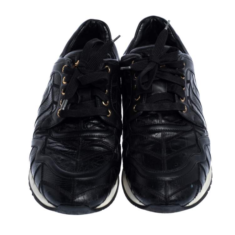 Pre Owned Versace Black Lizard, Ostrich And Croc Medusa Logo Low Top Sneakers Size 44