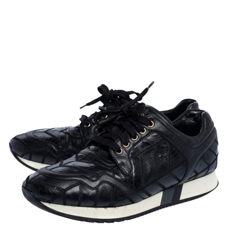 Pre Owned Versace Black Lizard, Ostrich And Croc Medusa Logo Low Top Sneakers Size 44