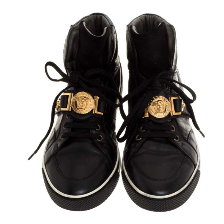 Pre Owned Versace Black Leather And Suede Medusa Strap High Top Sneakers Size 41