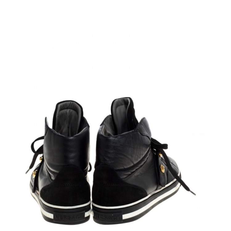 Pre Owned Versace Black Leather And Suede Medusa Strap High Top Sneakers Size 41