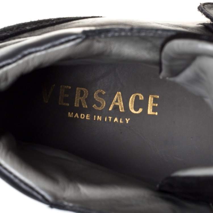 Pre Owned Versace Black Leather And Suede Medusa Strap High Top Sneakers Size 41