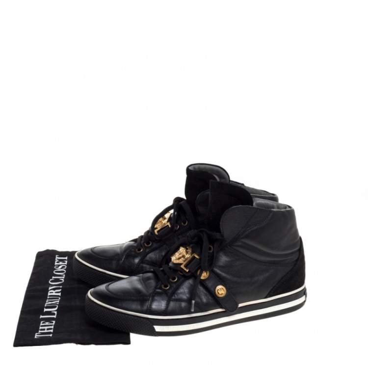Pre Owned Versace Black Leather And Suede Medusa Strap High Top Sneakers Size 41